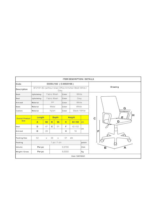 BF2101-SC Office Chair with Fixed Arms White / Grey Woodwell