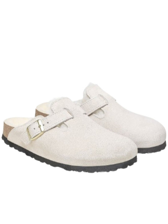 Boston Shearling Suede Χειμερινές Γυναικείες Παντόφλες με Γούνα Λευκές Narrow Fit