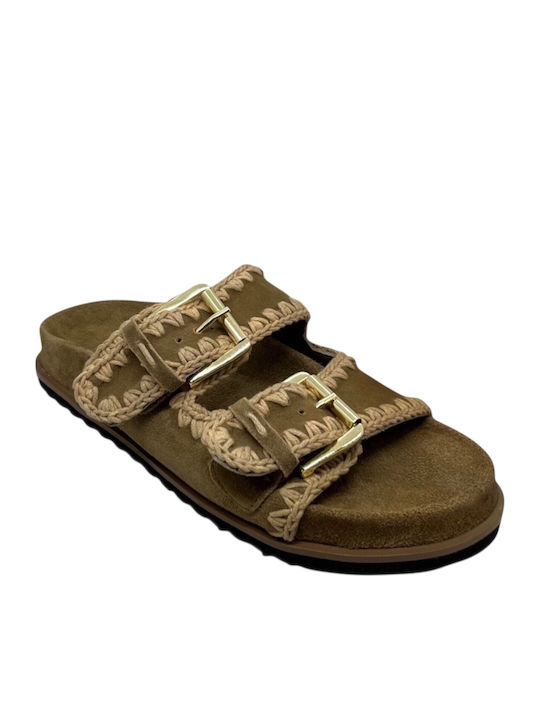 Leather Women's Flat Sandals Anatomic in Tabac Brown Color