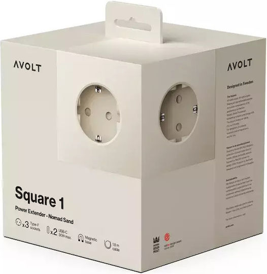 AVOLT Square Power Strip with Surge Protection 3 Positions with 2 USB-A, USB-C and Cable 1.8m Beige