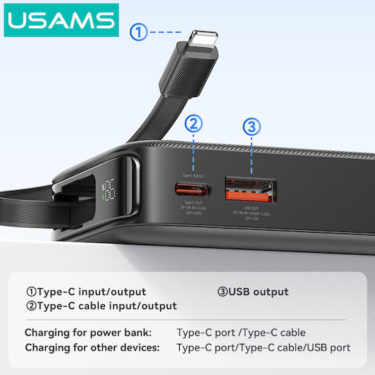 Usams CD225 Power Bank 10000mAh 20W с USB-A порт и USB-C порт Power Delivery Бял