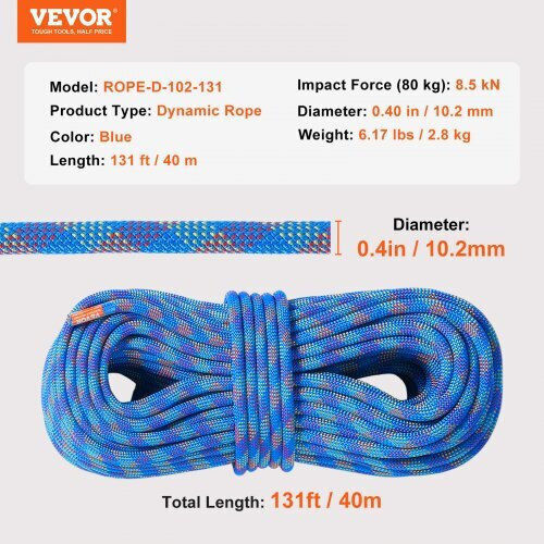 Vevor DSDLS131YC103J6V8V0 Dynamic Climbing Rope with Length 40m Blue