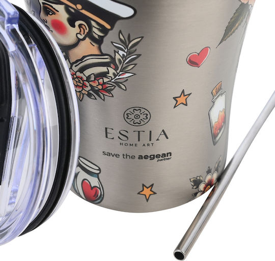 Estia Coffee Mug Save the Aegean Recyclable Thermos Stainless Steel BPA Free 350ml Old School Ink with Straw