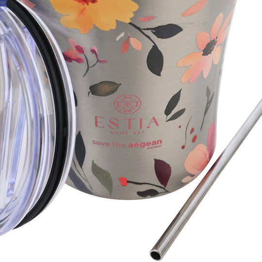 Estia Coffee Mug Save The Aegean Recyclable Glass Thermos Stainless Steel BPA Free 350ml Silver Botanic with Straw