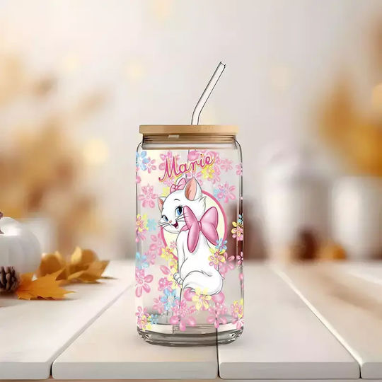 Glasbecher mit Deckel und Strohhalm Marie Aristocats
