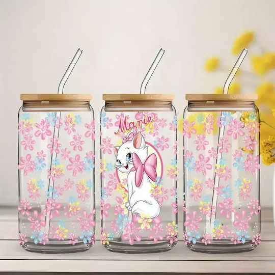 Glasbecher mit Deckel und Strohhalm Marie Aristocats