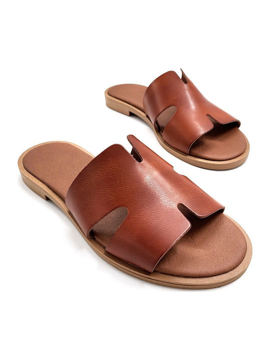 Leather Women's Flat Sandals in Tabac Brown Color