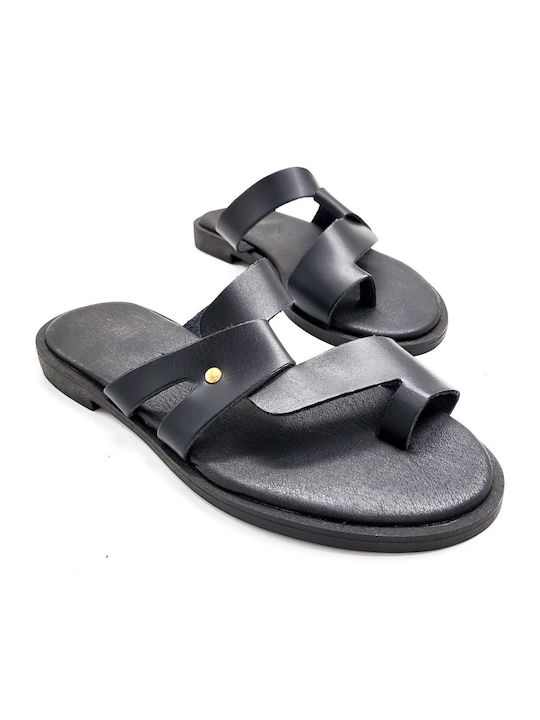Leather Women's Flat Sandals in Black Color