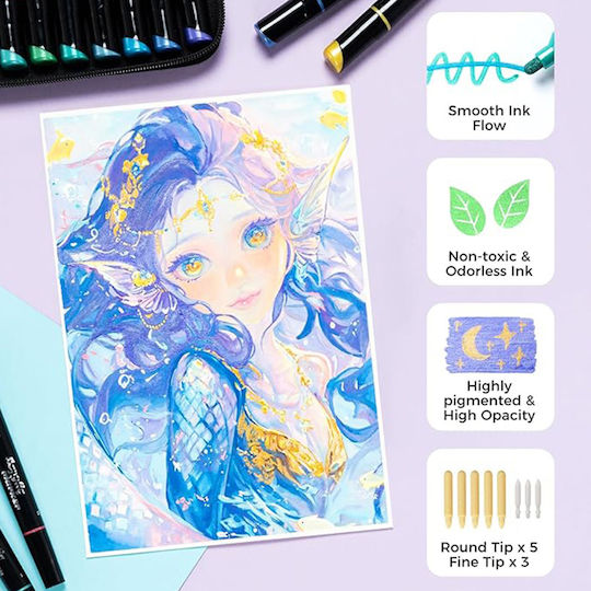 Ohuhu Kakaako Fine & Chisel 30 Metallic Tones Drawing Markers