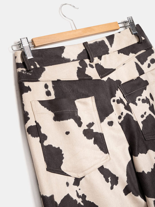 Women's High-Waisted Printed Trousers Beige Beige