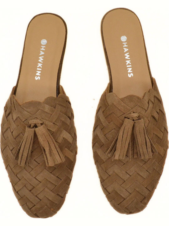 Flat Suede Mules in Tabac Brown Color