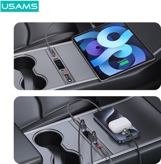 Usams Φορτιστής Αυτοκινήτου Us-sj649 Tesla 3/y 2x Καλώδια Usb/usb-c Θύρες 60w Γκρι Sj649hub01
