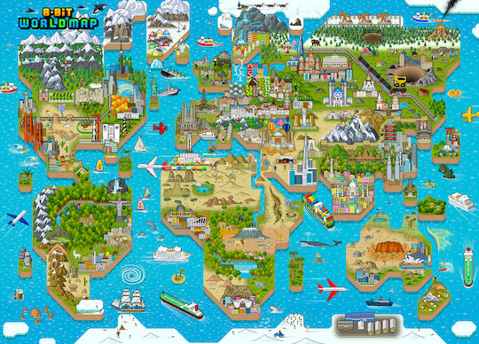 Retro 8-Bit Pixel Puzzle 1000 Teile Level 3 Weltkarte