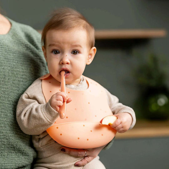 Nattou Waterproof Bib Silicone with Button & Pocket Peaches