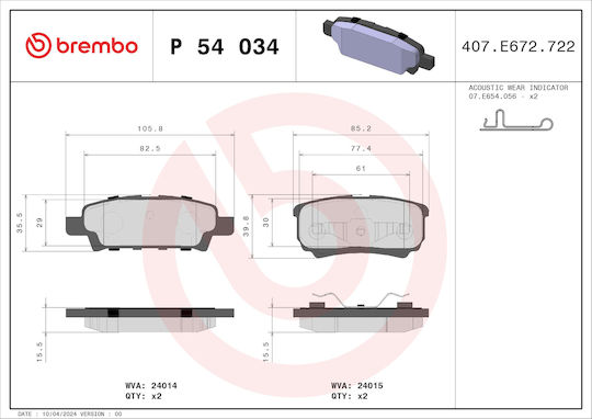 Brembo Σετ Τακάκια Πίσω για Dodge Avenger Jeep Compass Mitsubishi Lancer / Outlander