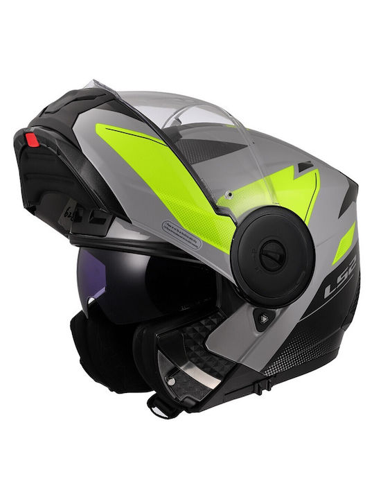 LS2 FF902 Scope II Duria Gloss Grey/H-V Yellow Motorcycle Helmet Flip-Up ECE 22.06 1750gr with Sunvisor LS2KRA113