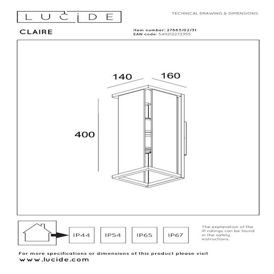 Lucide Lightning Claire Lumină de exterior montată pe perete E27 IP54