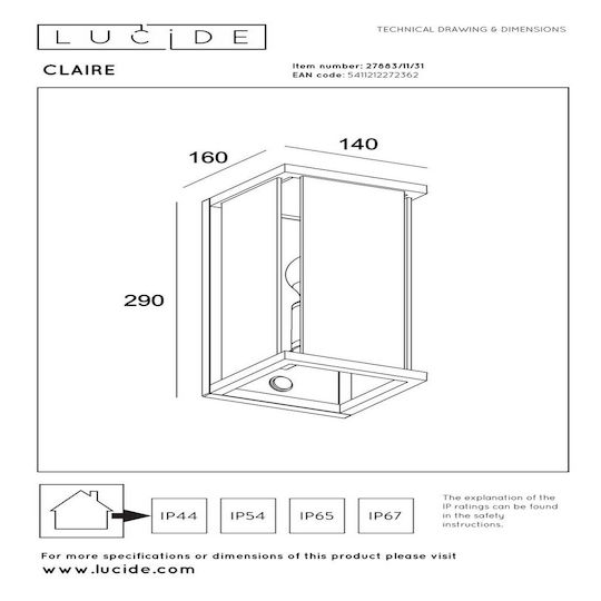 Lucide Lightning Claire Стенно Външно Осветително Тяло E27 IP54