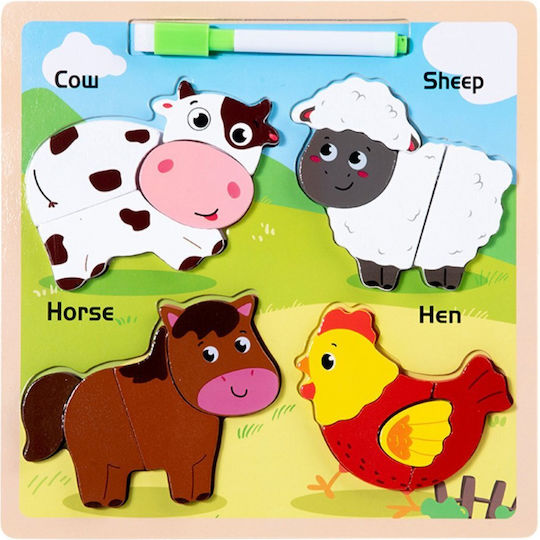 2-in-1 Wooden Educational Puzzle Board Domestic Animals Marker