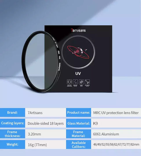 7artisans UV-Filter PRO Durchmesser 58mm mit MRC-Beschichtung (Kratzfest) für Fotografiefilter