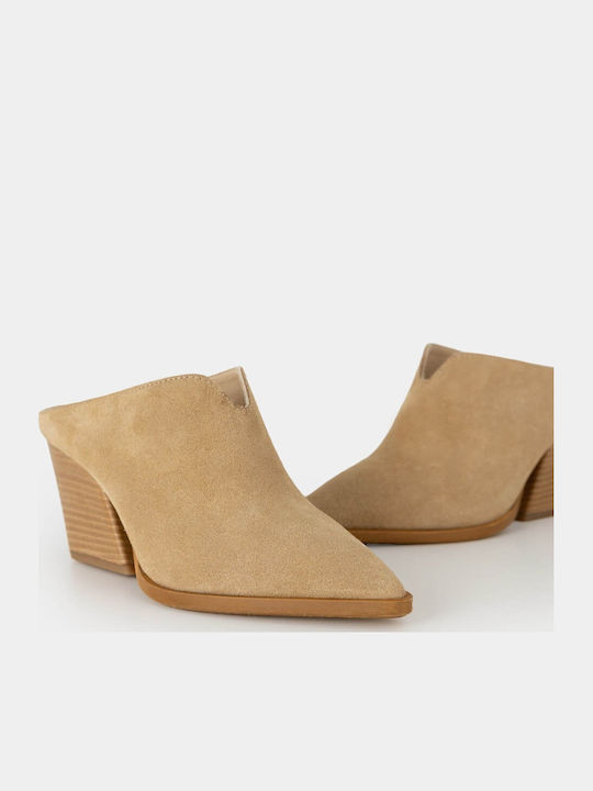 Leather Mules with Chunky High Heel in Beige Color