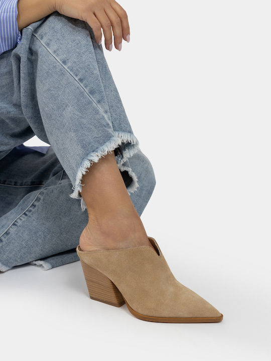 Leather Mules with Chunky High Heel in Beige Color