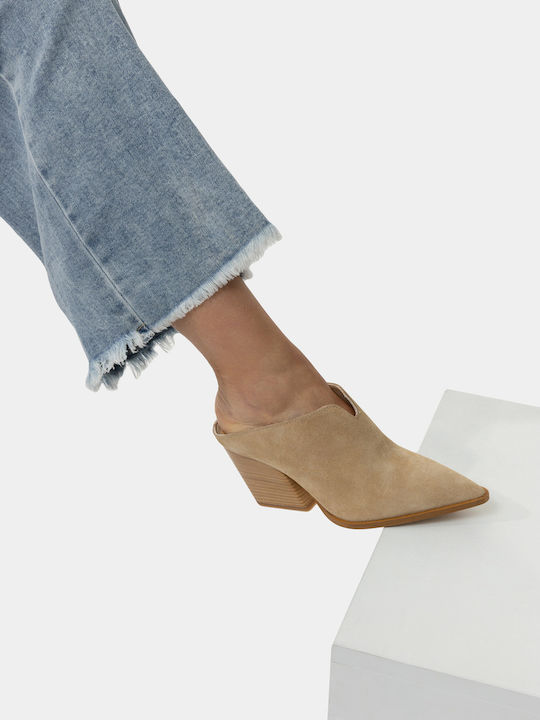 Leather Mules with Chunky High Heel in Beige Color