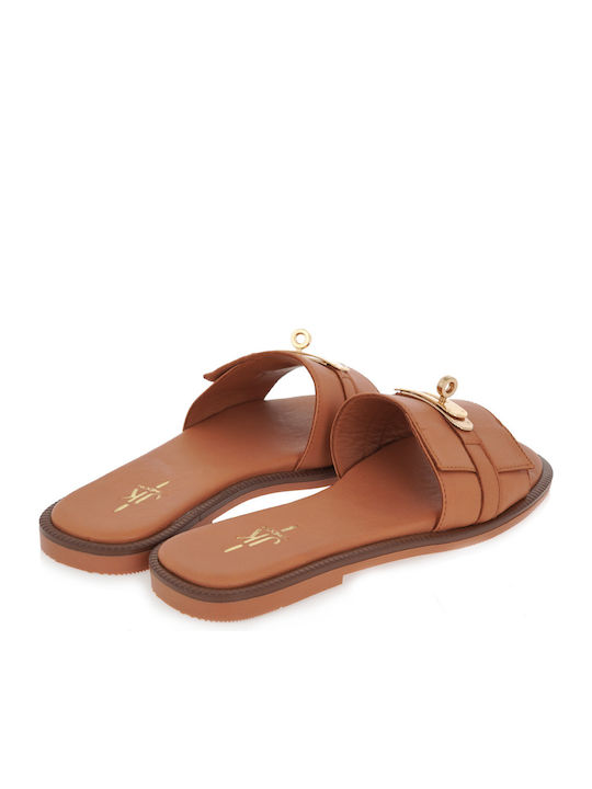 Leather Women's Flat Sandals in Tabac Brown Color