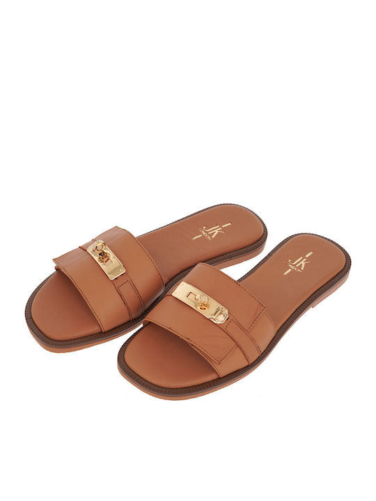 Leather Women's Flat Sandals in Tabac Brown Color