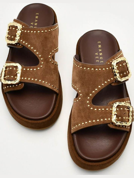 Leather Women's Flat Sandals in Brown Color