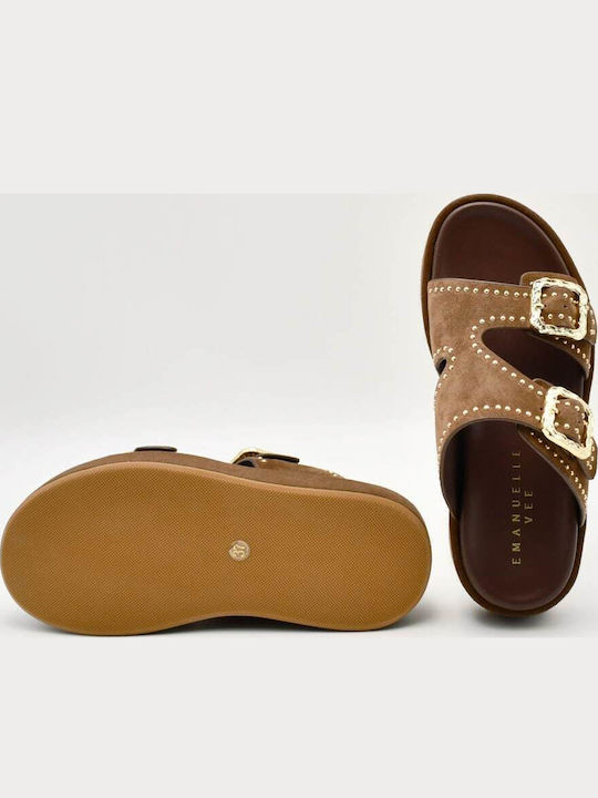Leather Women's Flat Sandals in Brown Color