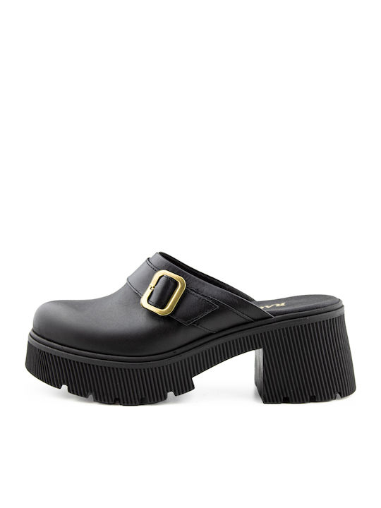 Leather Mules with Chunky High Heel in Black Color