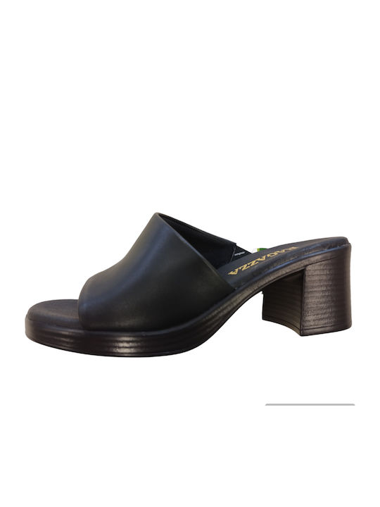 Leather Mules with Chunky Low Heel in Black Color
