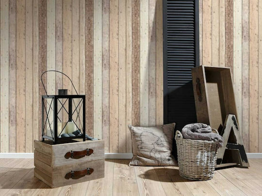 Ταπετσαρία Τοίχου Wood Stone Βινυλίου Μπεζ 1000x53cm Πλενόμενη