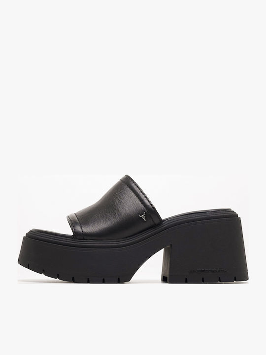 Confessions Leather Mules With Chunky Low Heel In Black Colour