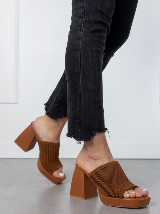 Leather Mules with Chunky High Heel in Tabac Brown Color
