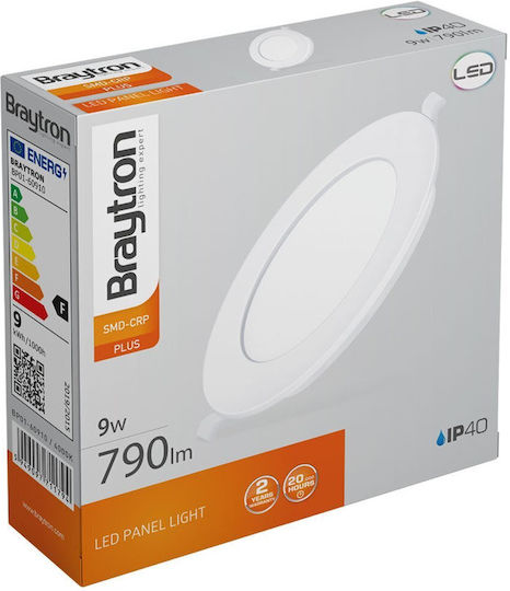 Braytron Στρογγυλό LED Panel 9W με Φυσικό Λευκό Φως 4000K