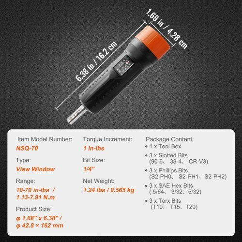 Torque Screwdriver Adjustable Torque 1.13-7.91 Nm 1/4" Chrome Vanadium 12 Bits