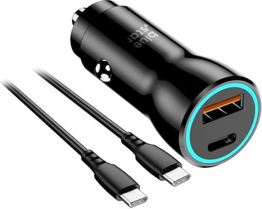 Blue Star Car Charger 30W 3A Fast Charging With One Port 1xUSB With Type-C Cable Blue Colour