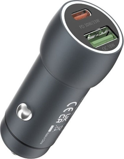 Devia Car Charger 30W with Ports: 1xUSB 1xType-C Gray Color
