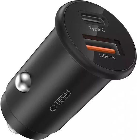 Tech-Protect Cc02 Φορτιστής Αυτοκινήτου 35W 3A Γρήγορης Φόρτισης με Θύρες: 1xUSB 1xType-C Μαύρο Χρώμα