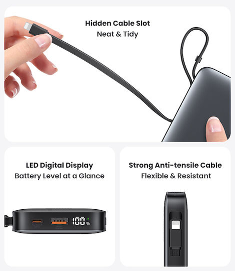 Usams XR Series CD228 Външна Батерия 10000mAh 20W с USB-A Изходен Порт и USB-C Изходен Порт Power Delivery / Бързо Зареждане Сива