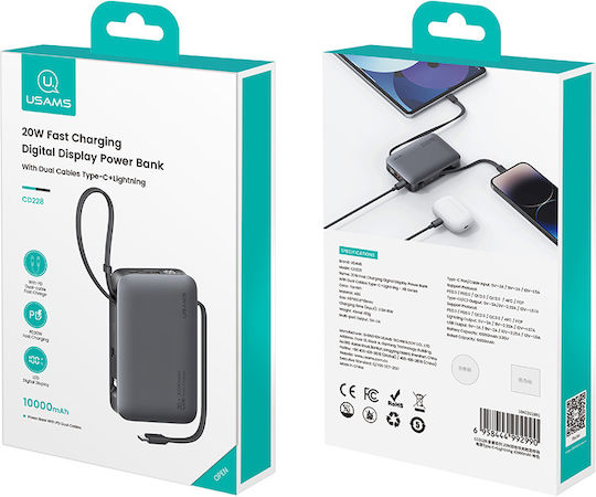Usams XR Series CD228 Външна Батерия 10000mAh 20W с USB-A Изходен Порт и USB-C Изходен Порт Power Delivery / Бързо Зареждане Сива