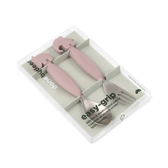 Done by Deer Set de Lingură și Furculiță Easy-Grip din Silicon Roz 2 Bucăți