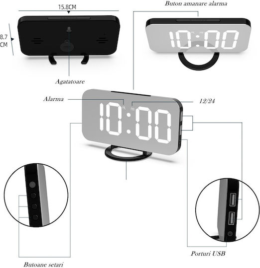Ceas De Masă Digital Led Din Plastic Cu Ceas Deșteptător Alb