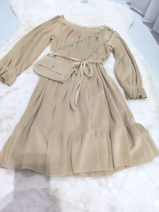 Mädchenkleid Langärmelig Samt Set aus 2 mit Zubehör Creme-Beige