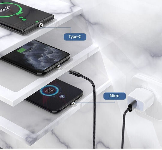 3 In 1 Magnetic Charging Cable 360° + 180° 1 M Micro Type C Iphone 5 V 2.1 A Black
