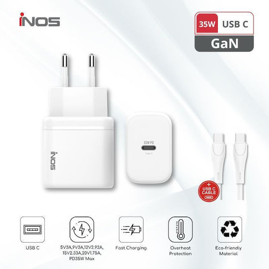 iNOS Charger GaN with USB-C Port and Cable USB-C - USB-C 35W Power Delivery / Quick Charge 3.0 Whites