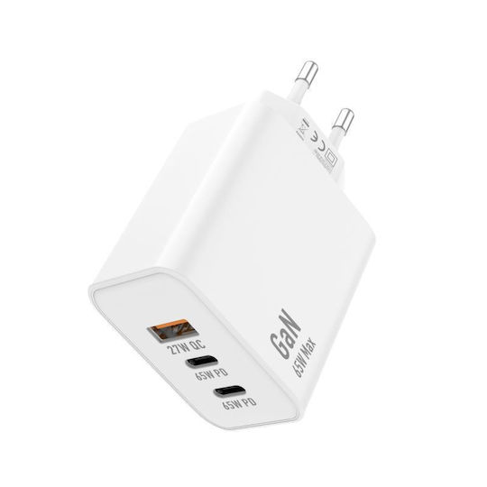 iNOS Charger GaN with USB-A Port and 2 USB-C Ports and Cable USB-C - USB-C 65W Power Delivery / Quick Charge 3.0 Whites