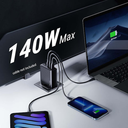Voltme Φορτιστής Χωρίς Καλώδιο GaN με Θύρα USB-A και 2 Θύρες USB-C 140W Power Delivery Μαύρος (Revo)